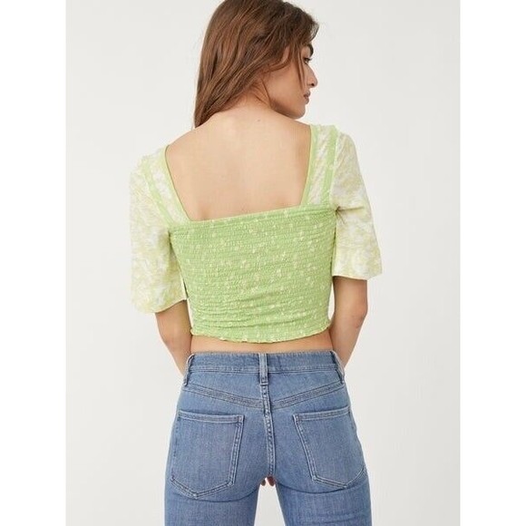 NWT✨Free People 🦋 Marigold Smocked Tee Blouse Key Lime Green Combo Floral XL - Picture 6 of 9